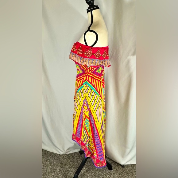 Flying Tomato • Flounce Strapless Dress Size Large Tribal High Low Colorful Cute - Picture 2 of 10